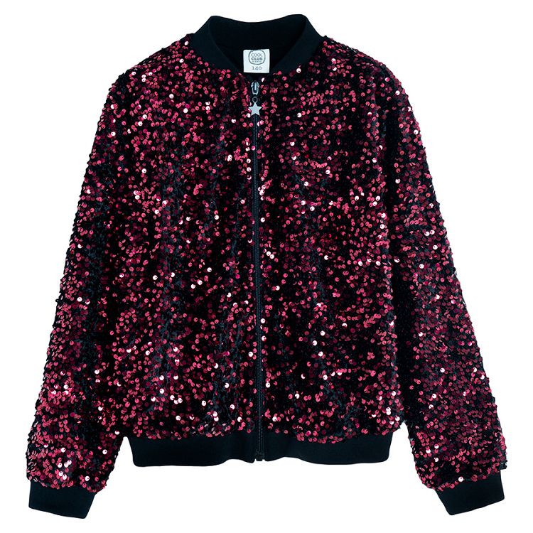 Dark red sequin zip through sweatshirt