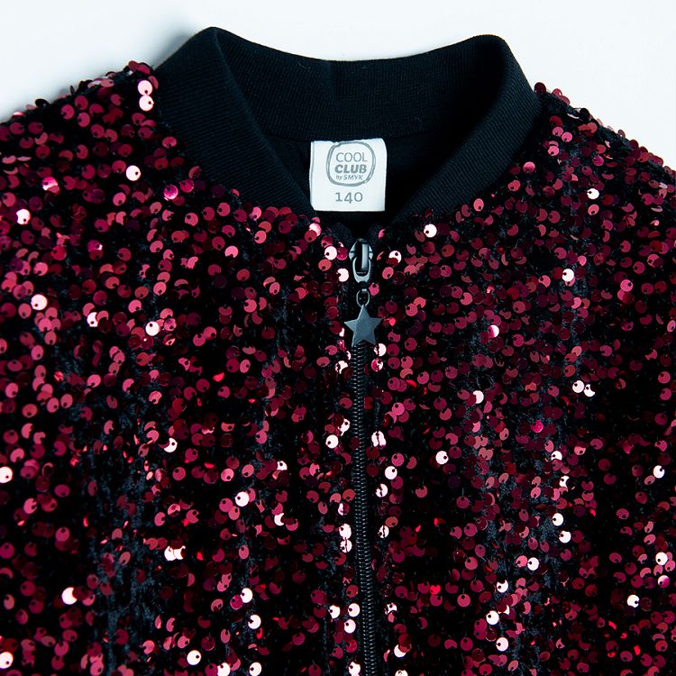 Dark red sequin zip through sweatshirt