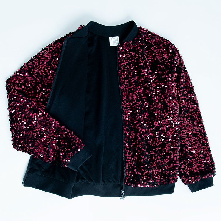 Dark red sequin zip through sweatshirt