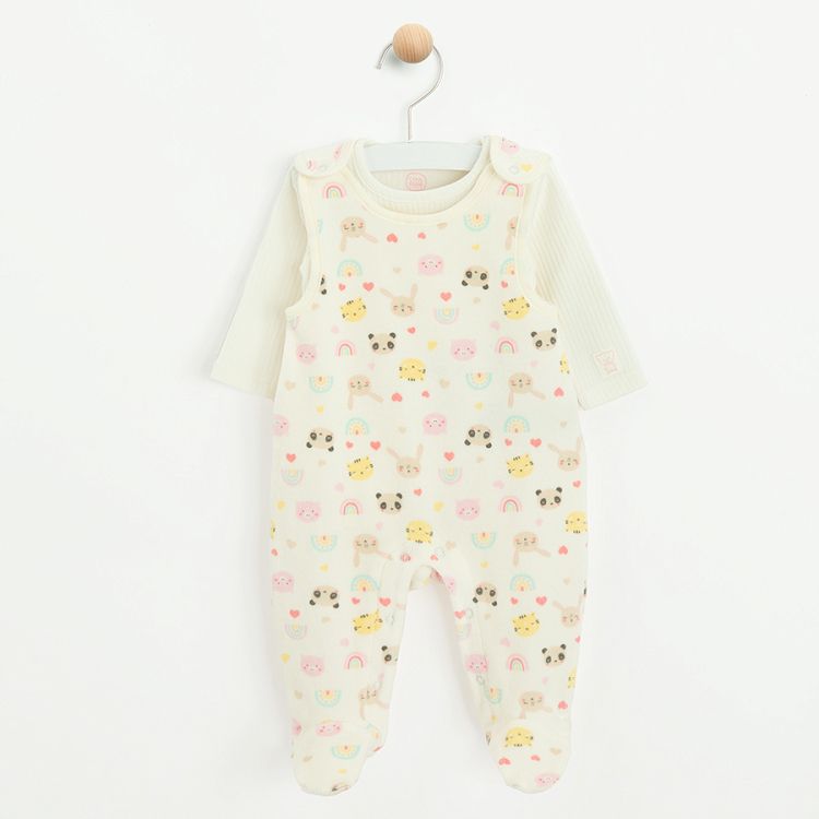 White sleeveless footed overall with panda and animals print and white bodysuit