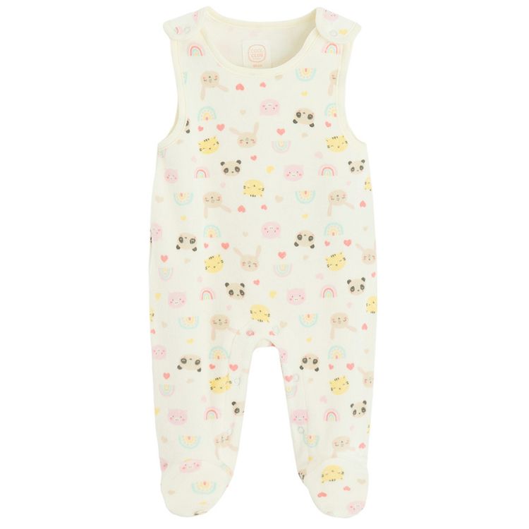 White sleeveless footed overall with panda and animals print and white bodysuit