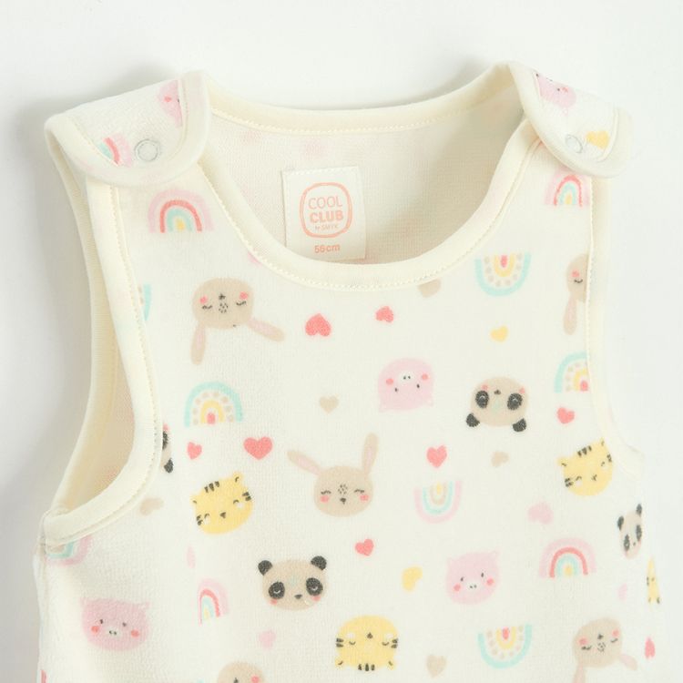 White sleeveless footed overall with panda and animals print and white bodysuit