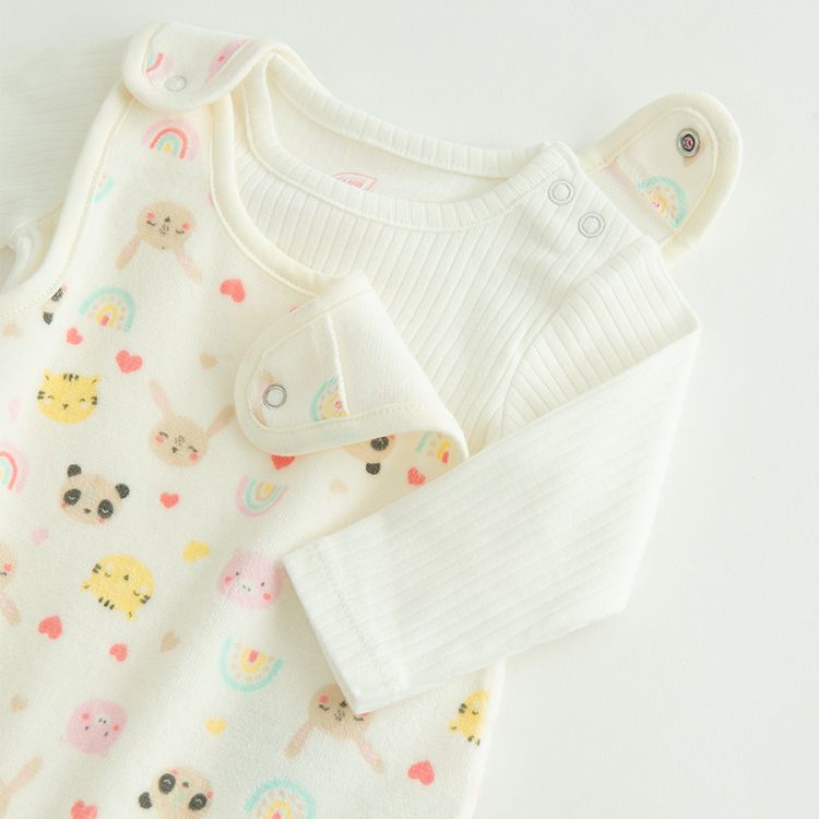 White sleeveless footed overall with panda and animals print and white bodysuit