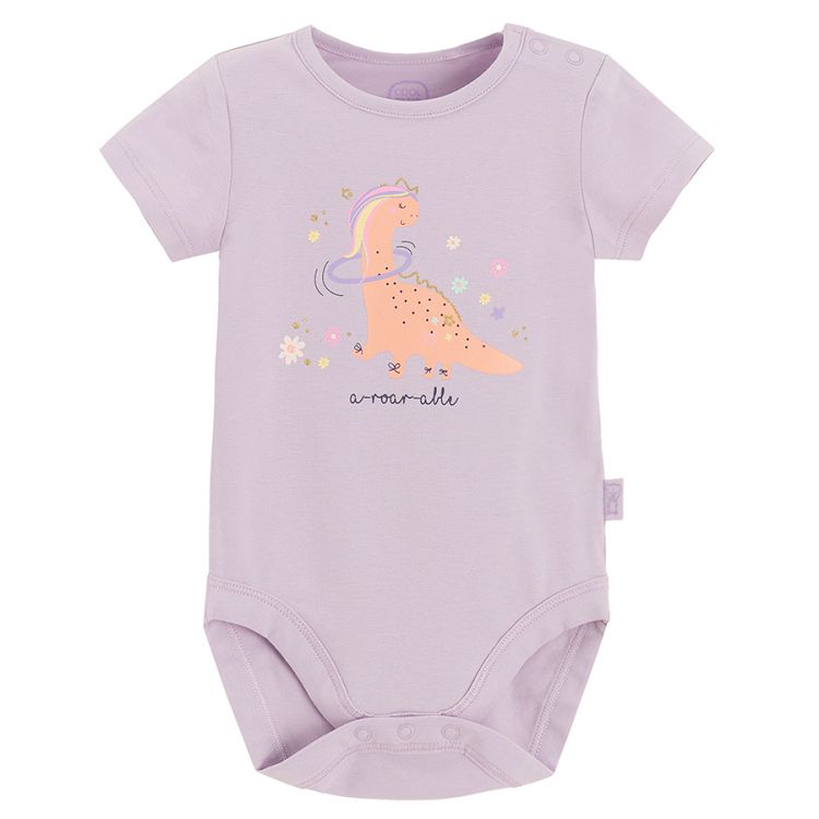 Purple short sleeve bodysuit with a girl dinosaur print