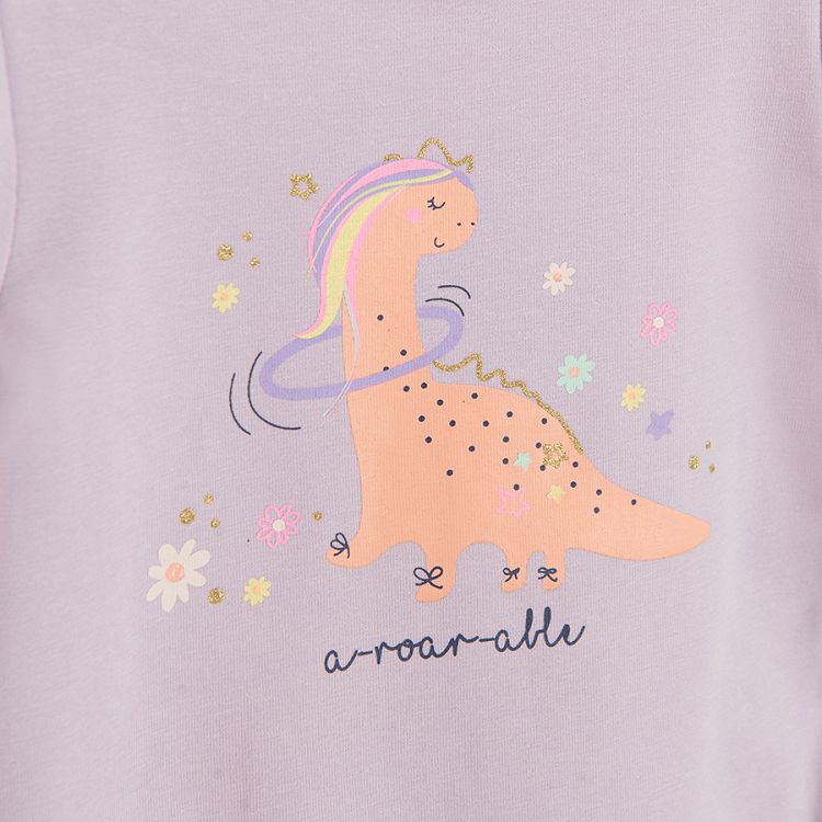 Purple short sleeve bodysuit with a girl dinosaur print