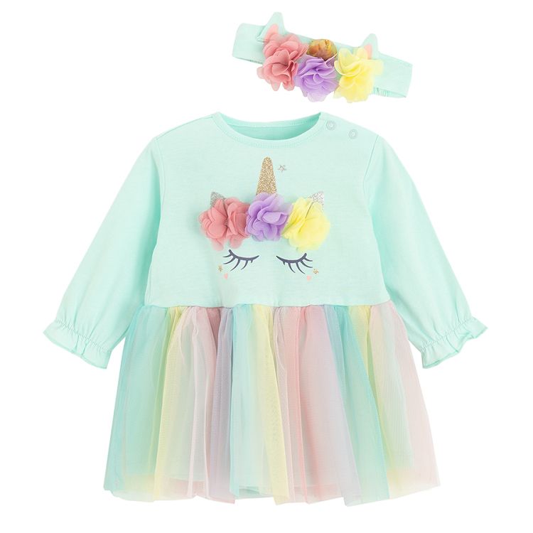 Mint long sleeve dress with unicorn print, rainbow tutu skirt and matching headband- 2 pieces