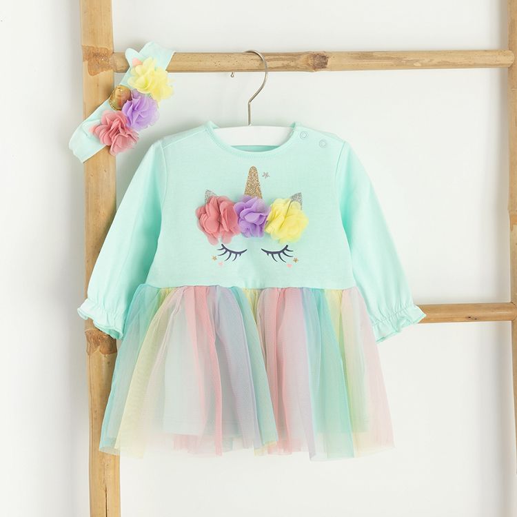 Mint long sleeve dress with unicorn print, rainbow tutu skirt and matching headband- 2 pieces