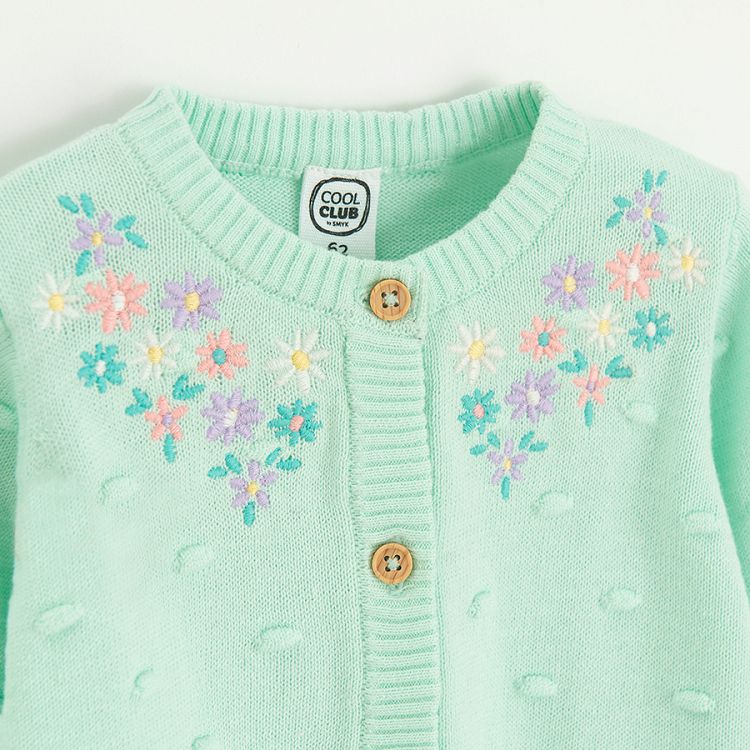 Mint cardigan with button and floral embroidery around the collar