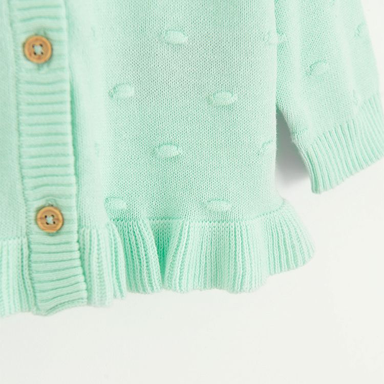 Mint cardigan with button and floral embroidery around the collar