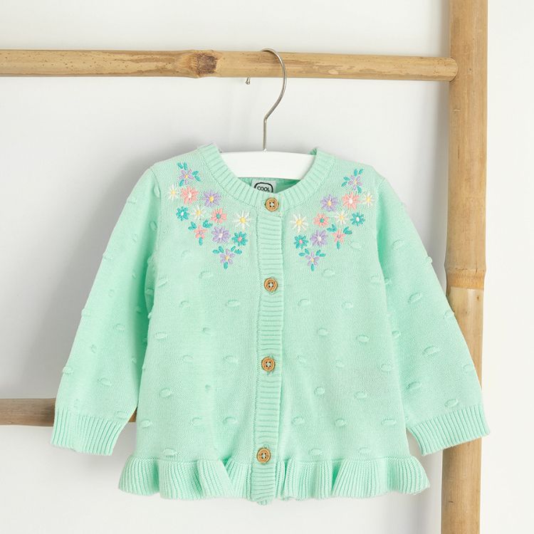 Mint cardigan with button and floral embroidery around the collar