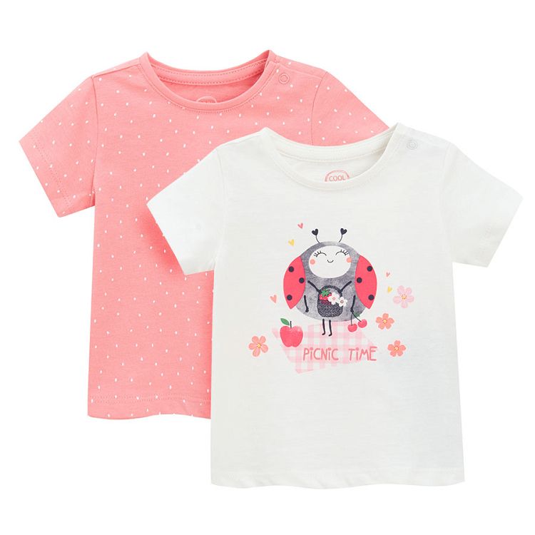 Pink polka dot and white T-shirt with ladybug PIC NIC print- 2 pack