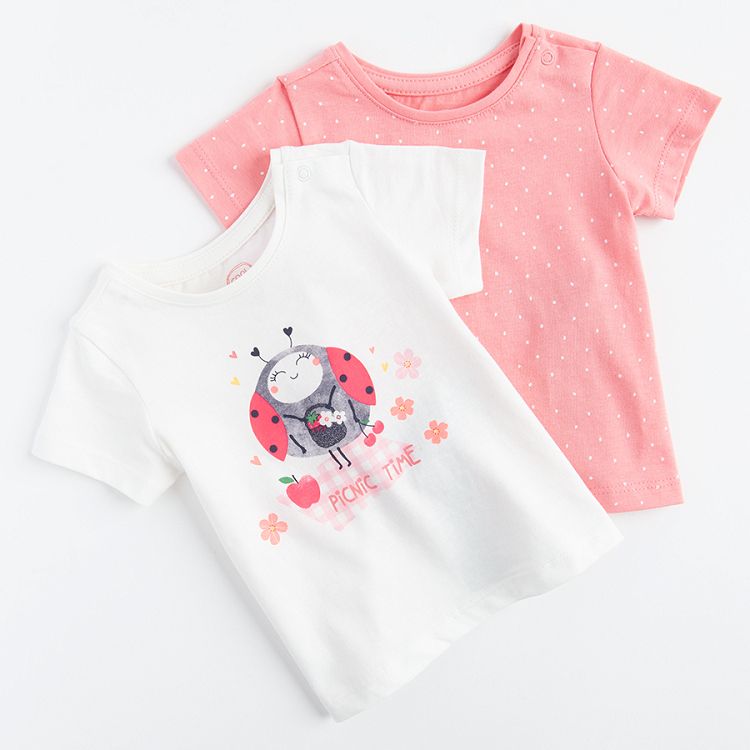 Pink polka dot and white T-shirt with ladybug PIC NIC print- 2 pack