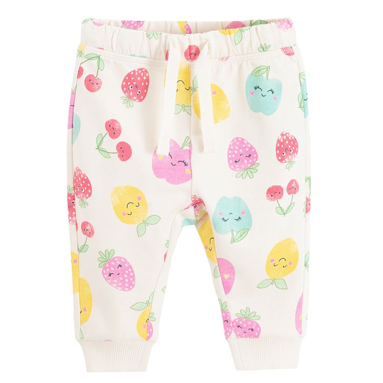 White sweatpants with cord and fruit print