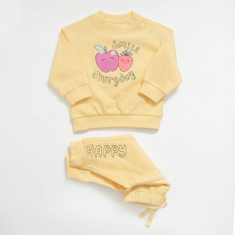 Yellow joggins set, sweatshirt with apple and SMILE EVERYDAY print and pants