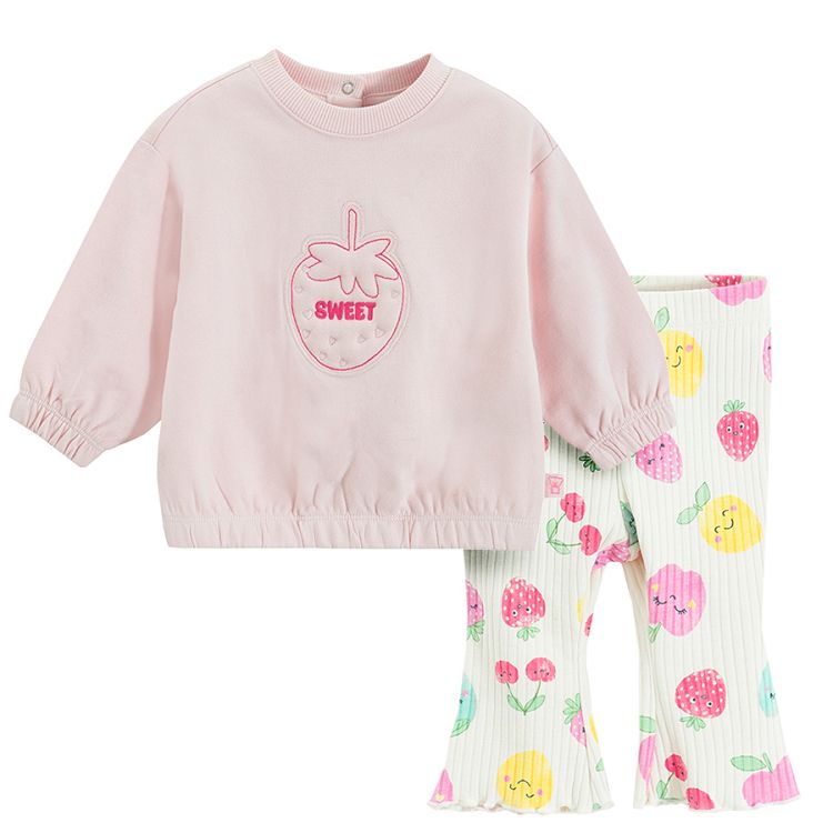 Pink sweatshirt with strawberry print and wide leg pants with fruits print set- 2 pieces