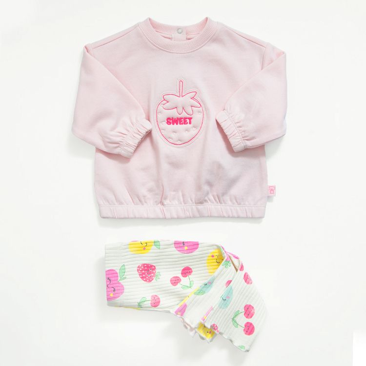 Pink sweatshirt with strawberry print and wide leg pants with fruits print set- 2 pieces