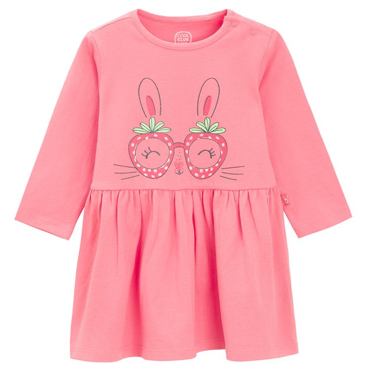 Pink long sleeve dress with bunny and glasses print