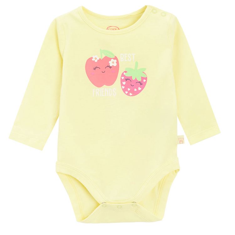 Yellow long sleeve bodysuit with strawberry and apple print