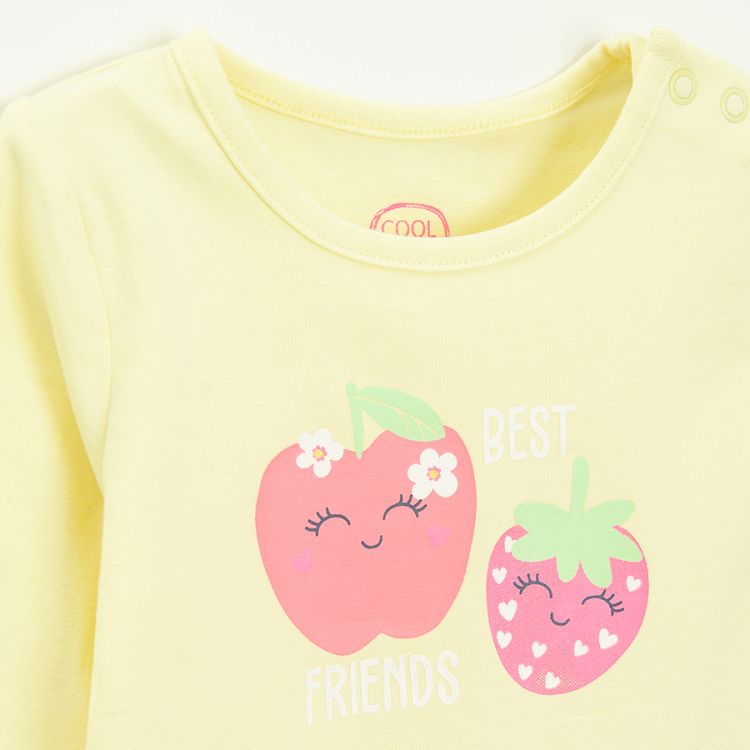 Yellow long sleeve bodysuit with strawberry and apple print