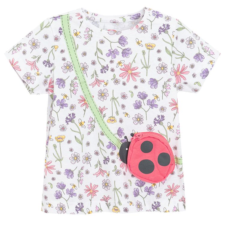 White floral T-shirt with ladybug print