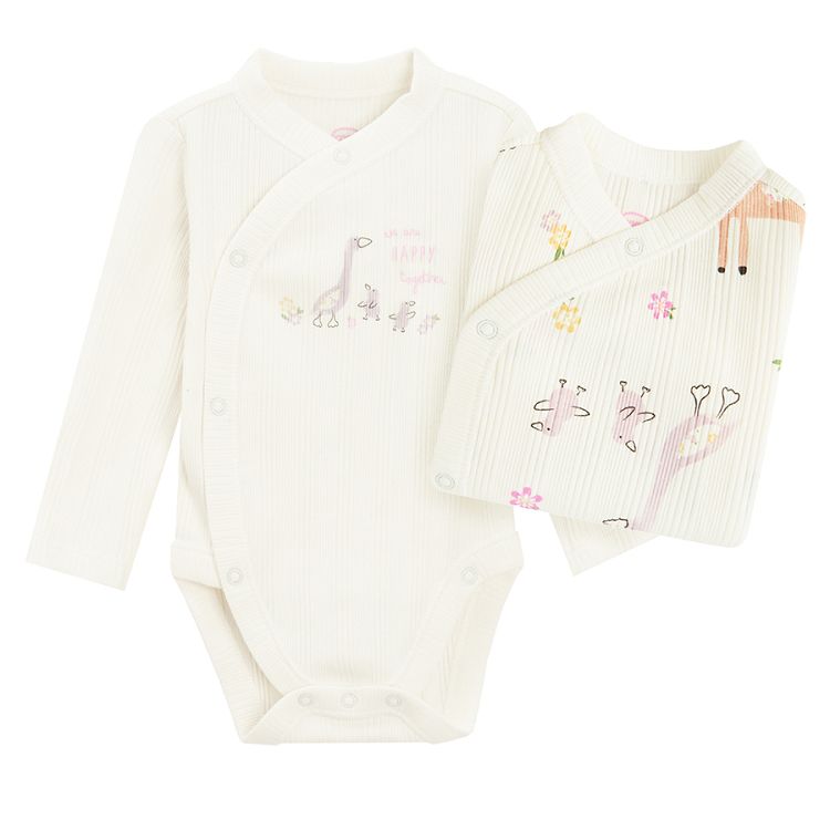 White long sleeve wrap bodysuits with animals print - 2 pack