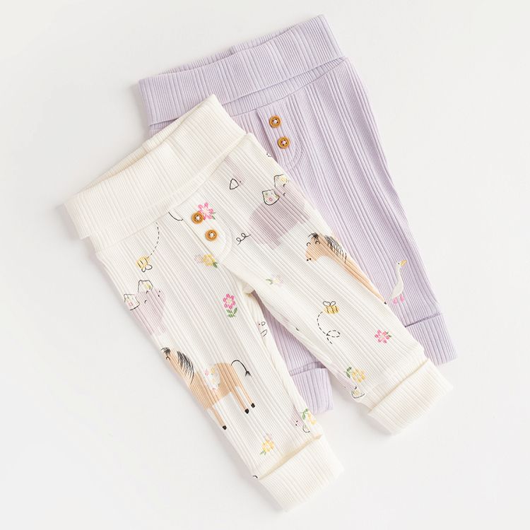 Purple leggings and white leggings with animals print- 2 pack