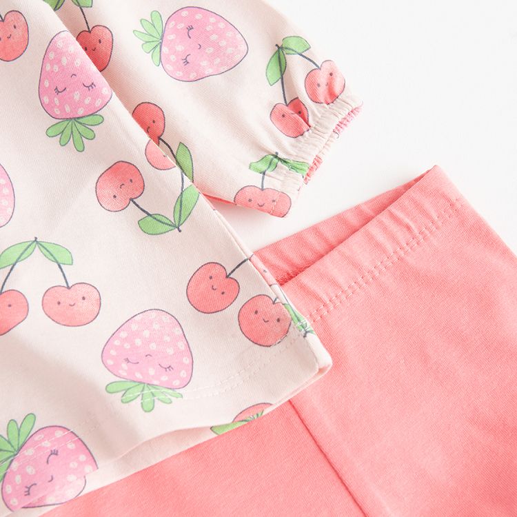 Pink long sleeve blouse with cherries print and pink leggings set- 2 pieces