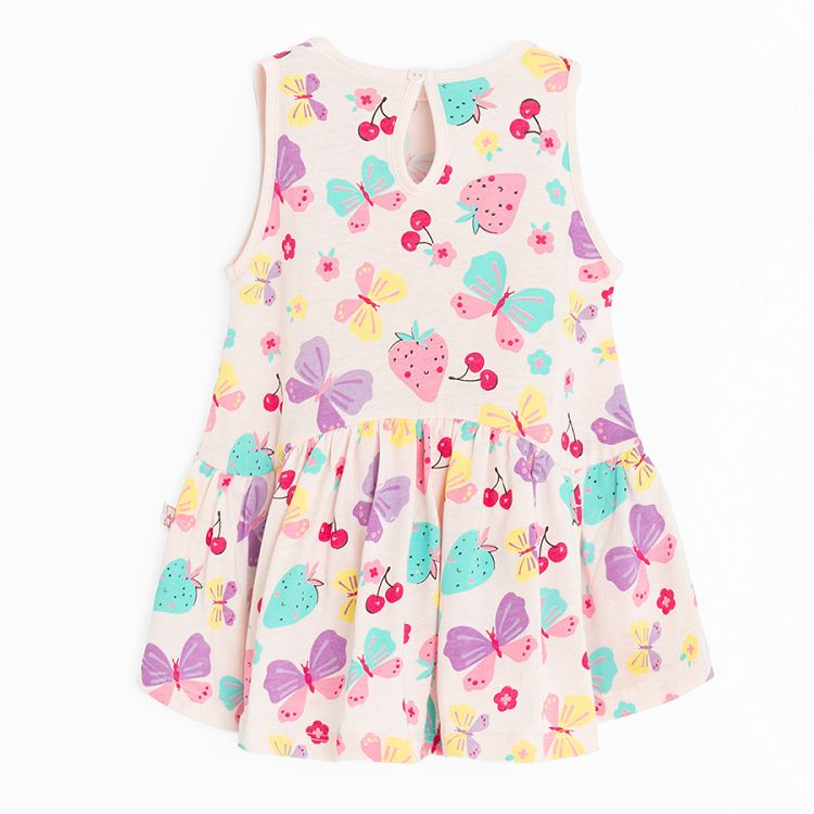 Pink sleeveless dress with strawberries, cherries and butterflies prints