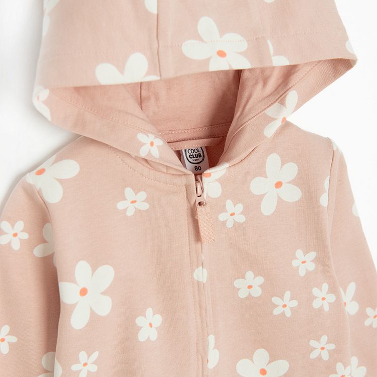 Light pink hooded zip through jacket with daisies print