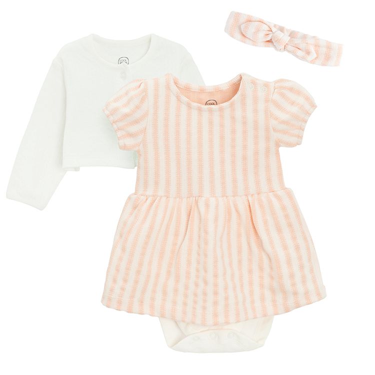 Pink and white striped dress bodysuit with matching headband and button down ecru cardigan - 3 pieces