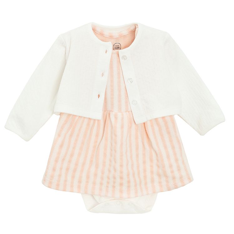 Pink and white striped dress bodysuit with matching headband and button down ecru cardigan - 3 pieces