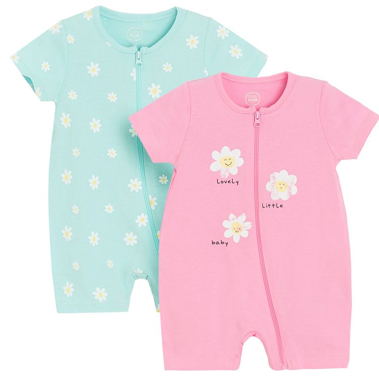 Pink and light turquoise short sleeve rompers with daidies print- 2 pack