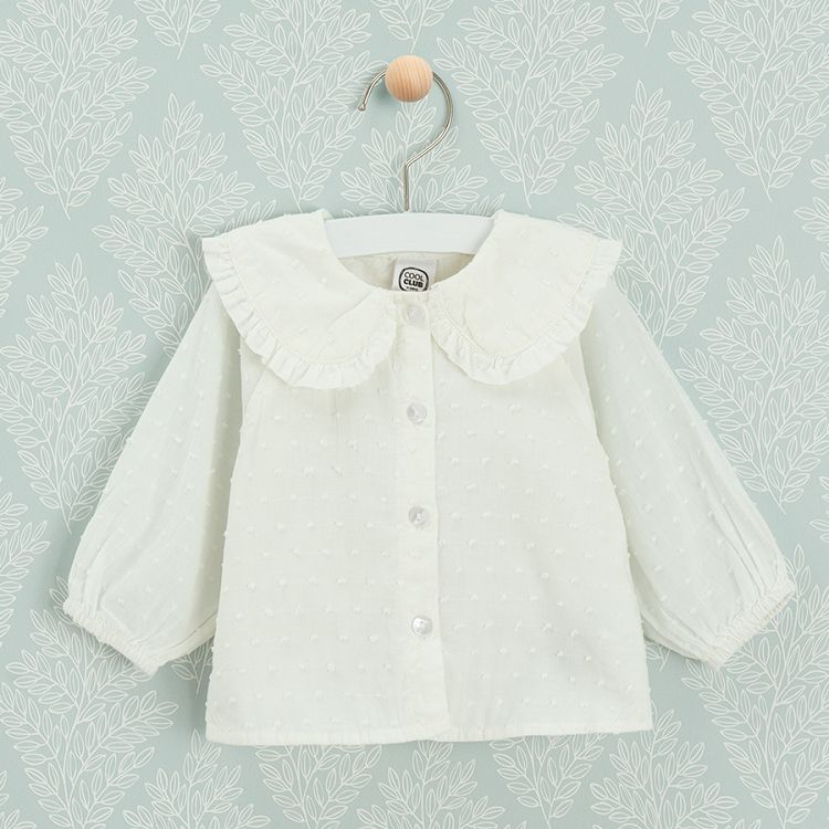 Whie long sleeve button down shirt with round collar