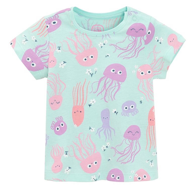 White, mint, pink short sleeve T-shirt with sea animals print- 3 pack