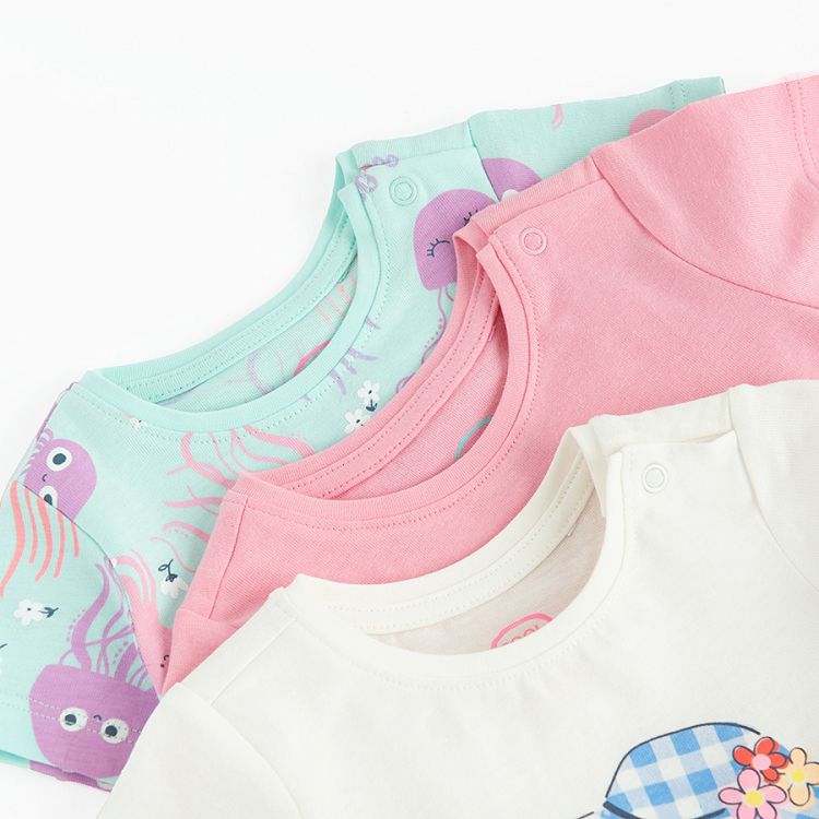 White, mint, pink short sleeve T-shirt with sea animals print- 3 pack