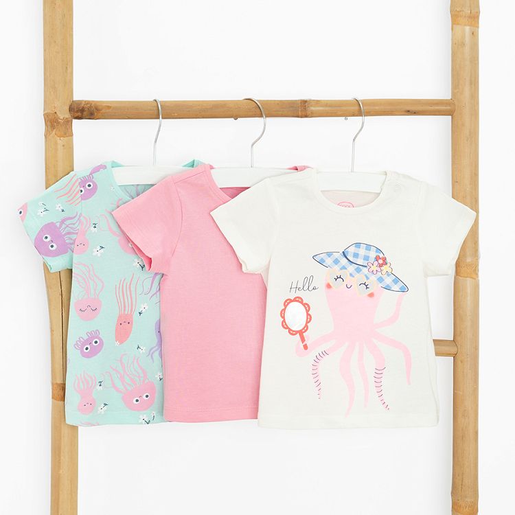 White, mint, pink short sleeve T-shirt with sea animals print- 3 pack