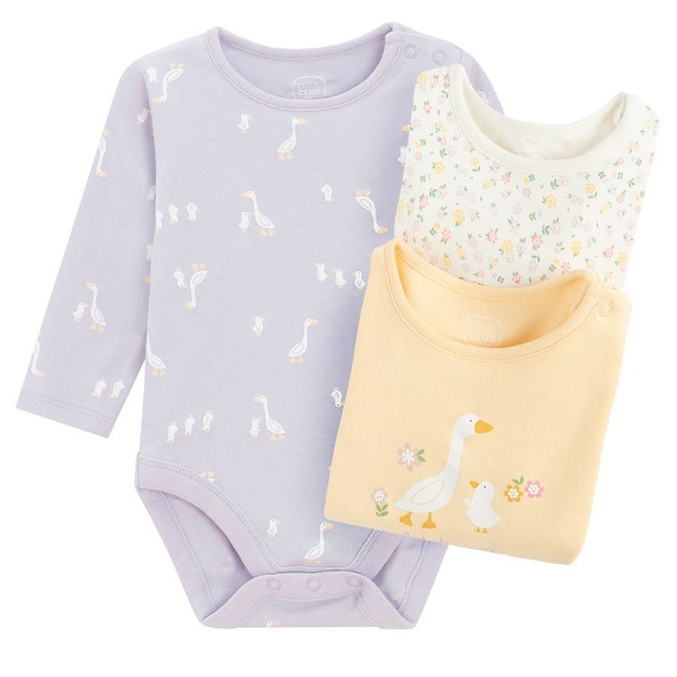 Purple, yellow, white long sleeve bodysuits with animals print- 3 pack