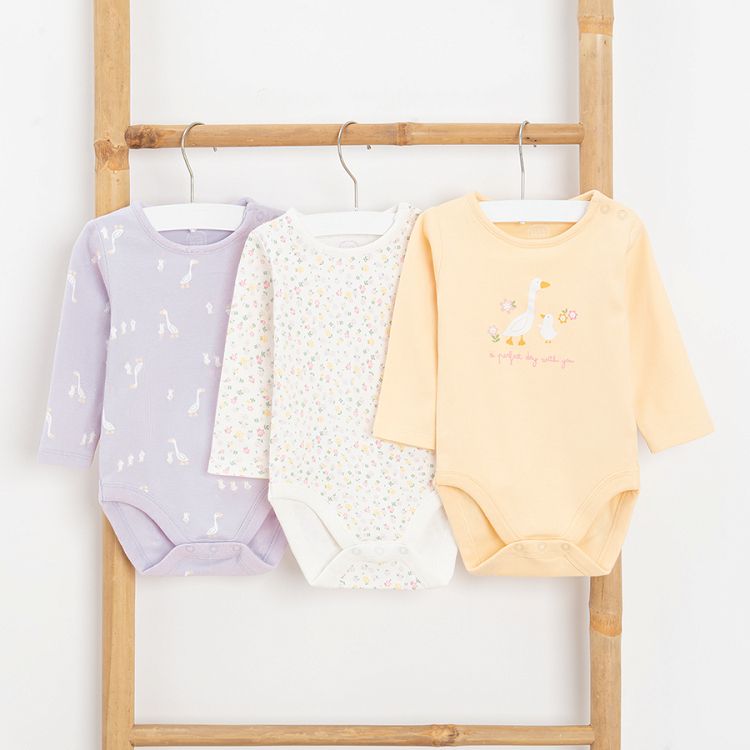 Purple, yellow, white long sleeve bodysuits with animals print- 3 pack