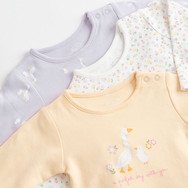 Purple, yellow, white long sleeve bodysuits with animals print- 3 pack