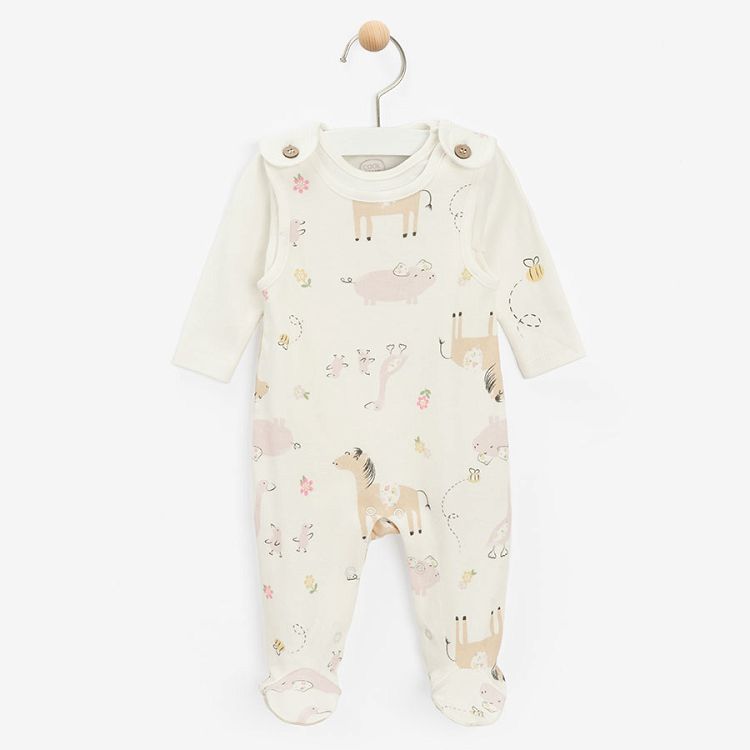 White footed overall with animals print and white long sleeve bodysuit- 2 pieces