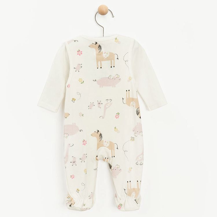 White footed overall with animals print and white long sleeve bodysuit- 2 pieces