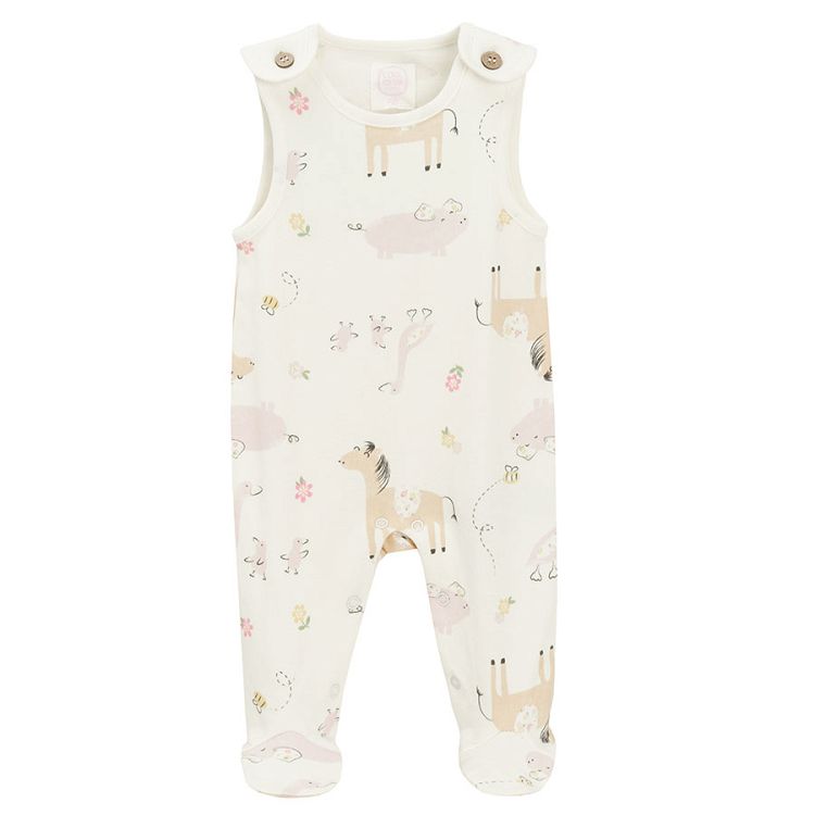 White footed overall with animals print and white long sleeve bodysuit- 2 pieces