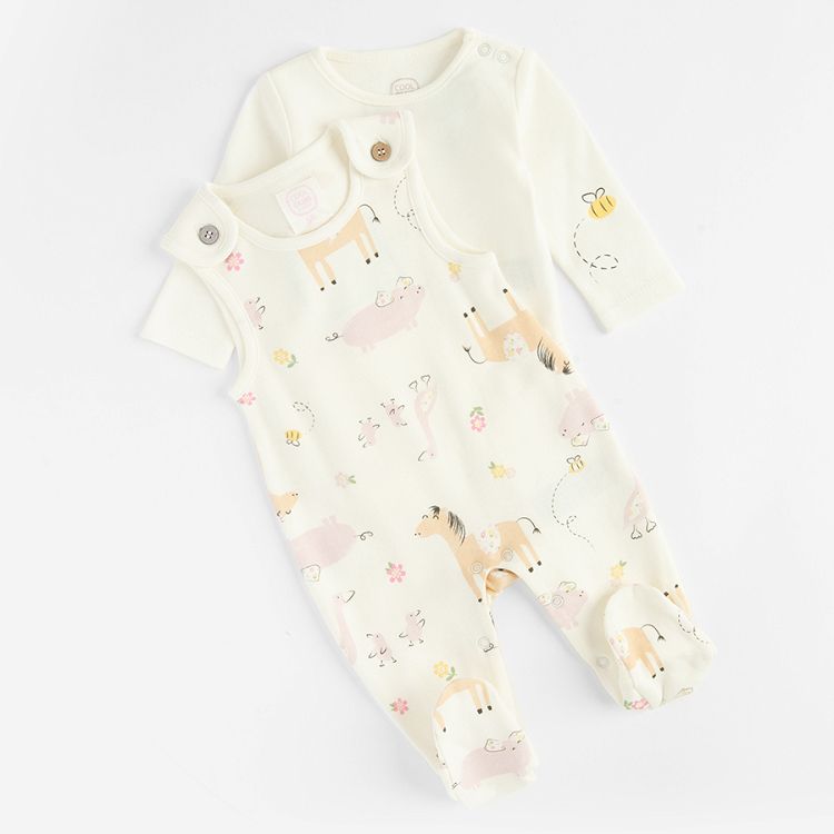 White footed overall with animals print and white long sleeve bodysuit- 2 pieces