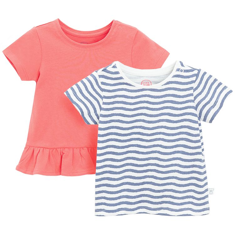 Coral and blue and white stripes short sleeve T-shirts- 2 pack