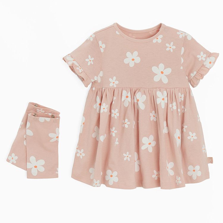 Light pink long/ short sleeve dress with daisies print- detachable sleeve