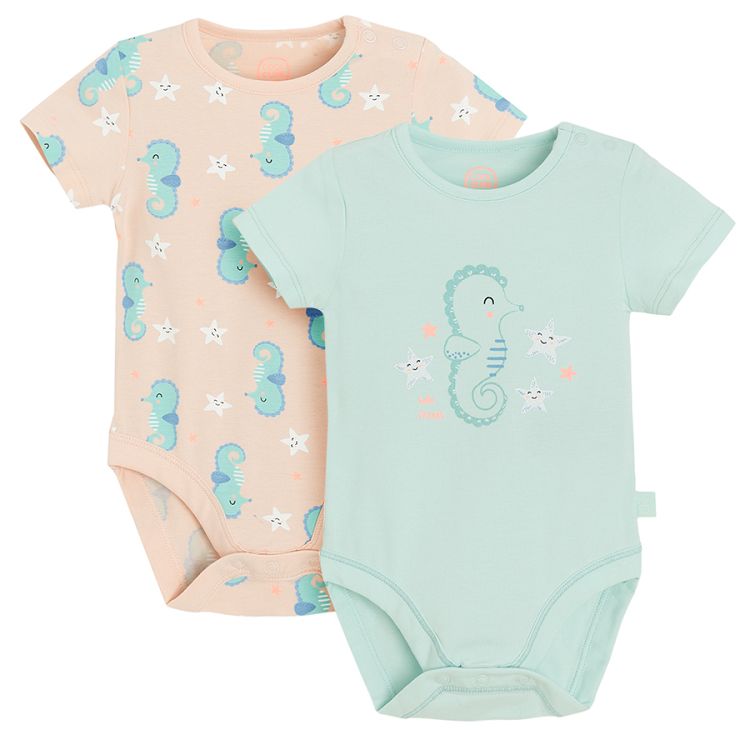 Light pink and light turquoise short sleeve bodysuit with sea horses print- 2 pack