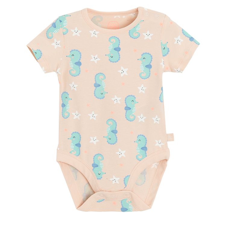 Light pink and light turquoise short sleeve bodysuit with sea horses print- 2 pack