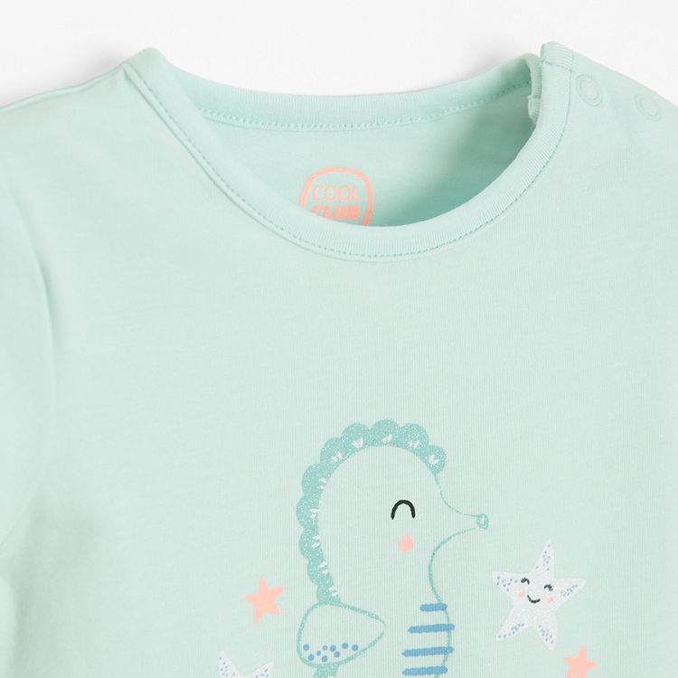 Light pink and light turquoise short sleeve bodysuit with sea horses print- 2 pack