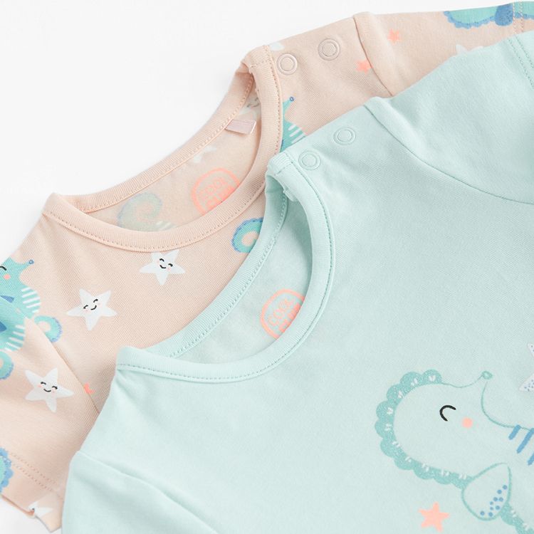 Light pink and light turquoise short sleeve bodysuit with sea horses print- 2 pack