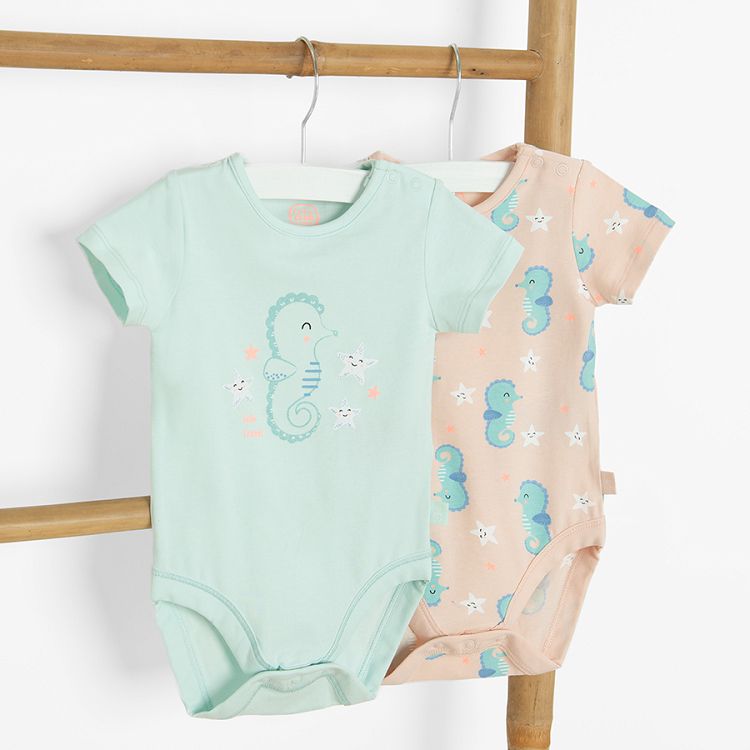 Light pink and light turquoise short sleeve bodysuit with sea horses print- 2 pack